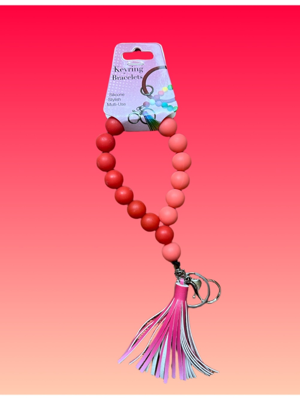 Silicone Beaded Keyring Bracelet with Pink Tassel